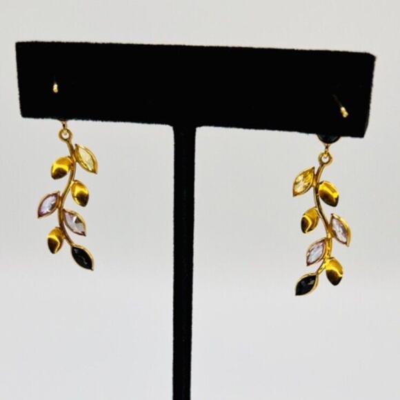 ❌SOLD❌ 18k Yellow Gold Sapphire & CZ Leaf Post Back Earrings 3.4g - Picture 5 of 5